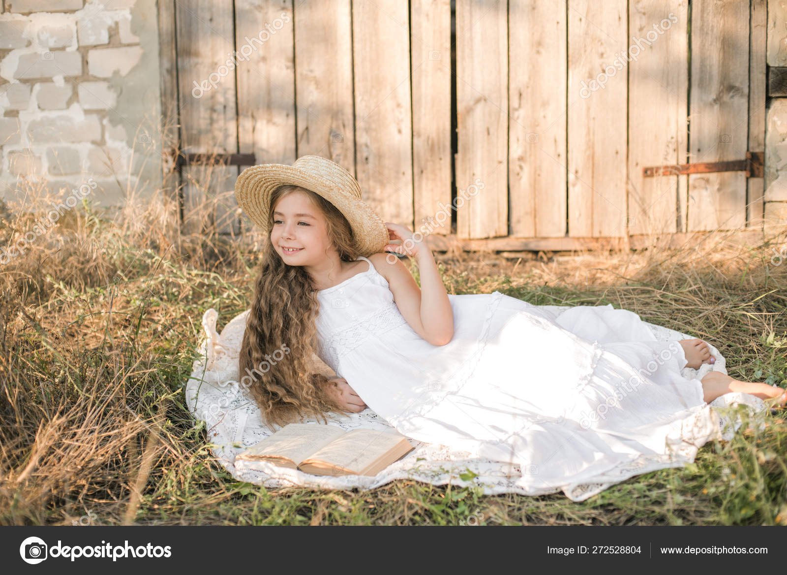 Cute Little Girl Blond Long Hair Summer Field Sunset White Stock