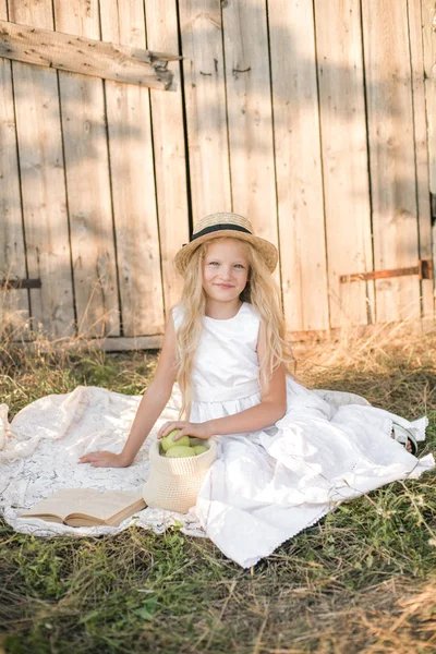 Menina Bonito Com Cabelos Longos Loiros Campo Verão Pôr Sol — Fotografia de Stock