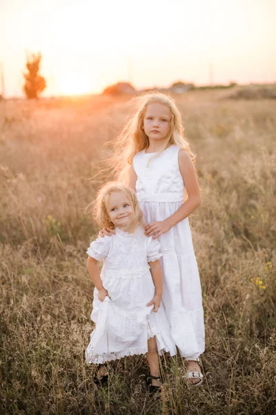 Menina Bonito Com Cabelo Longo Loiro Com Uma Irmã Mais — Fotografia de Stock
