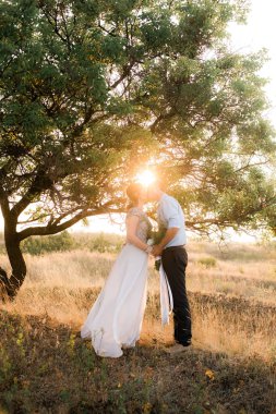 Zarif nazik şık damat ve gelin yaz aylarında gün batımında. Aşık düğün çift 