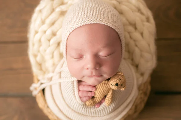 Doux Nouveau Dort Dans Panier Beau Garçon Nouveau Avec Jouet — Photo