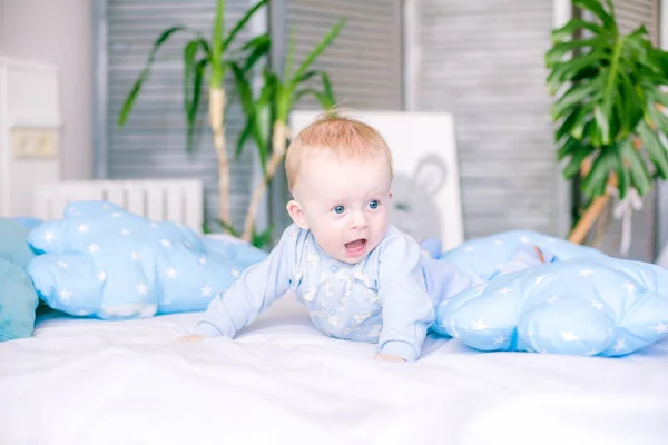 可爱的幼儿男孩在家里的床上周围的蓝色枕头 — 图库照片