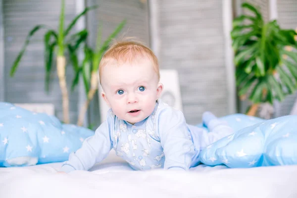 Cute Toddler Boy Bed Home Surrounded Blue Pillows — Stock Photo, Image