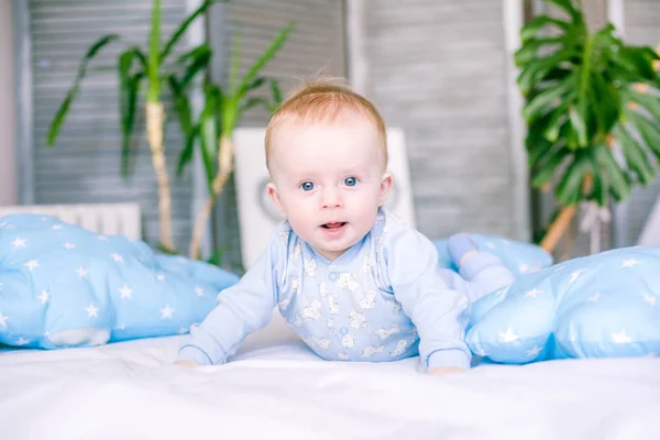 Cute Toddler Boy Bed Home Surrounded Blue Pillows — Stock Photo, Image