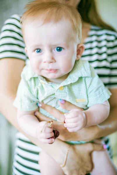 Cute Little Baby Cherry Hands Mother Summer Home — Stock Photo, Image