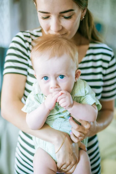 Cute Little Baby Cherry Hands Mother Summer Home — Stock Photo, Image