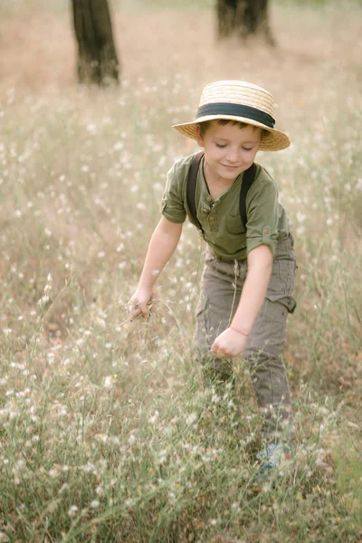 Little Boy Straw Hat Park Summer Sunset — Stock Photo, Image