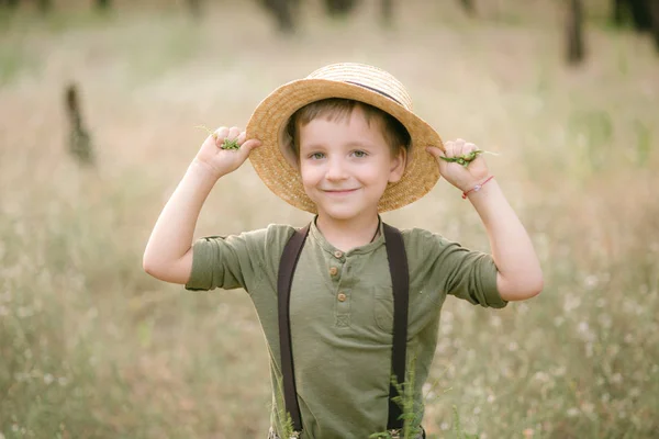 夏天日落时分 在公园里戴着草帽的小男孩 — 图库照片