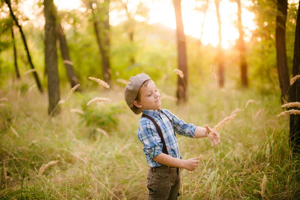 Mały Chłopiec Kapeluszu Parku Lecie Zachodzie Słońca — Zdjęcie stockowe