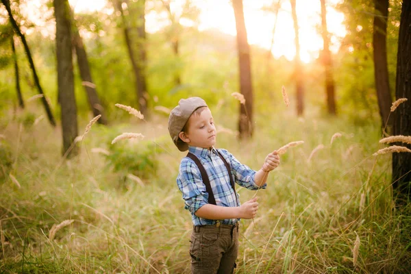 夏天日落时分在公园里戴帽子的小男孩 — 图库照片