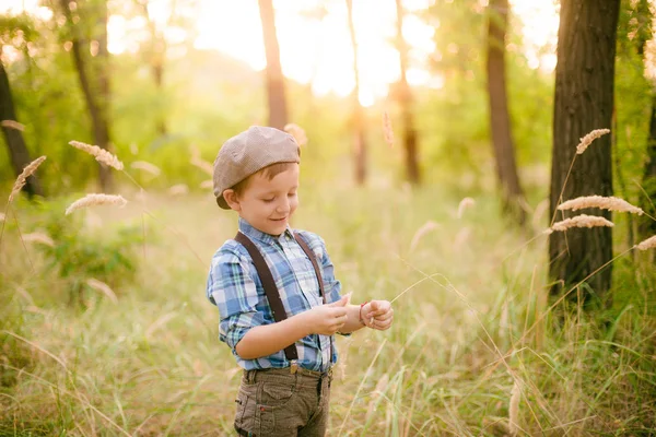 Niño Sombrero Parque Verano Atardecer —  Fotos de Stock