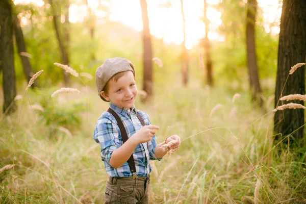 Chlapeček Klobouku Parku Létě Při Západu Slunce — Stock fotografie