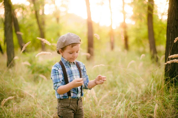 Ragazzino Cappello Nel Parco Estate Tramonto — Foto Stock