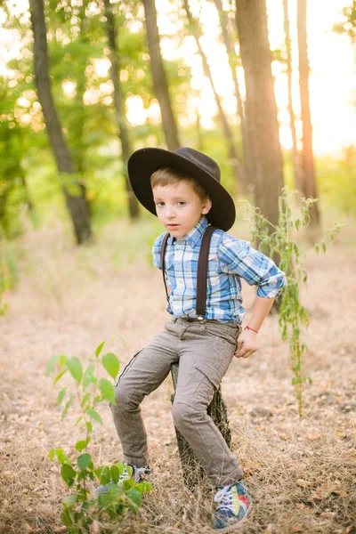 Kleiner Junge Mit Hut Park Sommer Bei Sonnenuntergang — Stockfoto