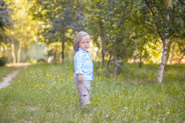 Niño Con Pelo Rubio Una Gorra Camisa Azul Verano Campo —  Fotos de Stock