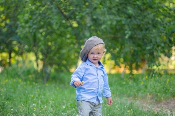 Little boy with blond hair in a cap and blue shirt in summer in a field with flowers