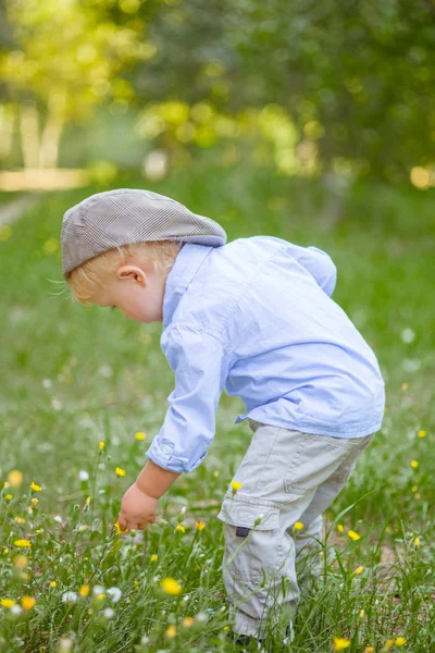 Niño Con Pelo Rubio Una Gorra Camisa Azul Verano Campo — Foto de Stock