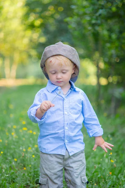 Niño Con Pelo Rubio Una Gorra Camisa Azul Verano Campo —  Fotos de Stock