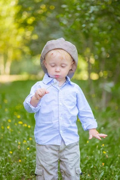 Niño Con Pelo Rubio Una Gorra Camisa Azul Verano Campo —  Fotos de Stock