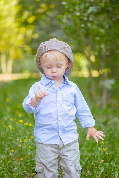 Menino Com Cabelo Loiro Boné Camisa Azul Verão Campo Com — Fotografia de Stock