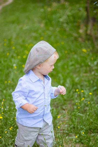 Menino Com Cabelo Loiro Boné Camisa Azul Verão Campo Com — Fotografia de Stock