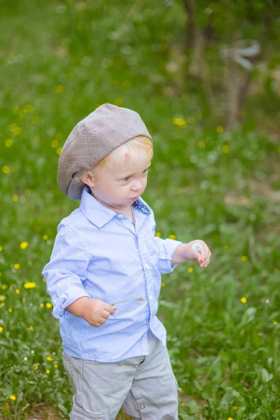 Menino Com Cabelo Loiro Boné Camisa Azul Verão Campo Com — Fotografia de Stock