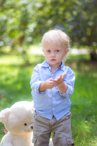 Little Boy Blond Hair Playing Teddy Bear Green Grass Summer — Stock Photo, Image
