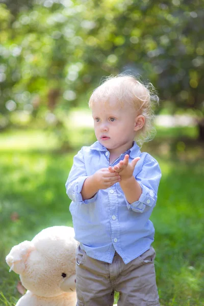 Malého Chlapce Plavými Vlasy Hraje Plyšovým Medvědem Zelené Trávě Letním — Stock fotografie