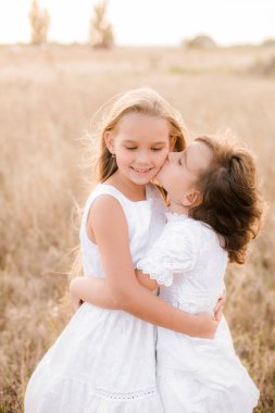 Bir hasır şapka ile beyaz elbiseler gün batımında bir yaz alanında sarı saçlı sevimli küçük kız kardeşler