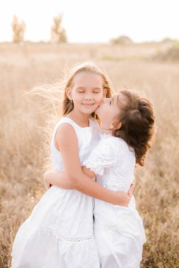 Bir hasır şapka ile beyaz elbiseler gün batımında bir yaz alanında sarı saçlı sevimli küçük kız kardeşler