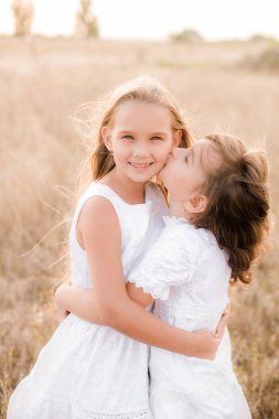 Bir hasır şapka ile beyaz elbiseler gün batımında bir yaz alanında sarı saçlı sevimli küçük kız kardeşler