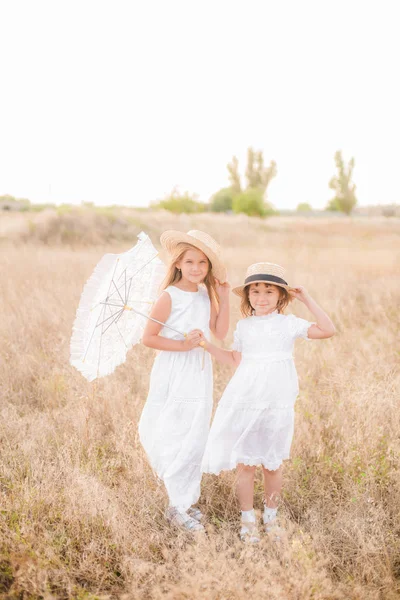 Cute Little Girls Sisters Blond Hair Summer Field Sunset White — Stock Photo, Image