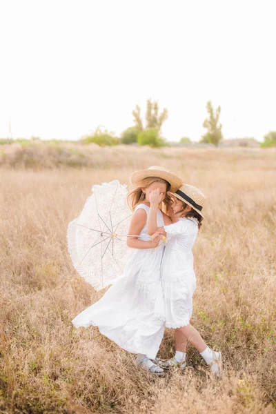 Irmãs Meninas Bonitos Com Cabelo Loiro Campo Verão Pôr Sol — Fotografia de Stock