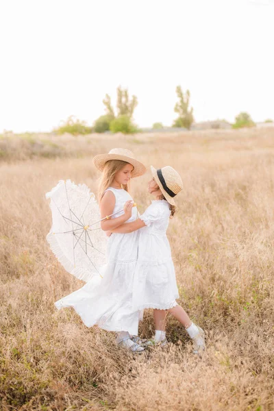 Schattige Kleine Meisjes Zusters Met Blond Haar Een Zomer Veld — Stockfoto