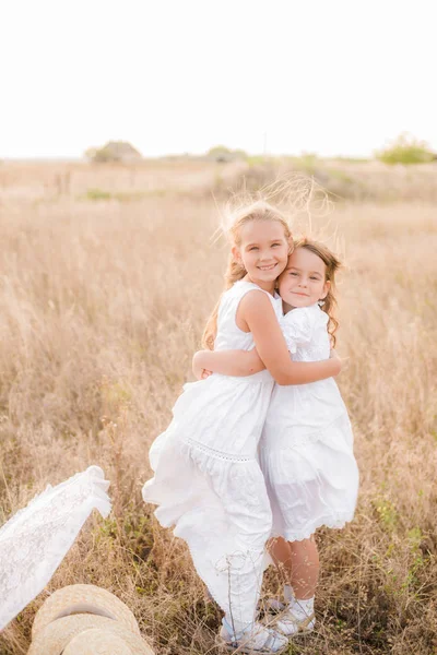 Śliczne Dziewczynki Siostry Blond Włosami Polu Letnim Zachodzie Słońca Białych — Zdjęcie stockowe