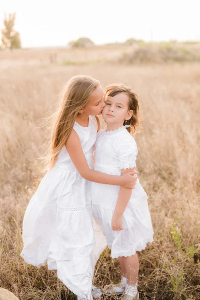 Linda Niñas Hermanas Con Pelo Rubio Campo Verano Atardecer Vestidos — Foto de Stock