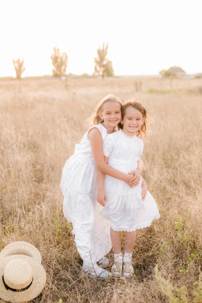 Cute Little Girls Sisters Blond Hair Summer Field Sunset White — Stock Photo, Image