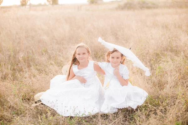 Aranyos Kis Lányok Nővérek Szőke Haja Nyári Területen Naplementében Fehér — Stock Fotó