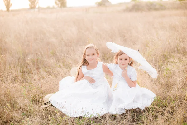 可爱的小女孩姐妹与金发在夏天的田野在日落的白色礼服与草帽 — 图库照片