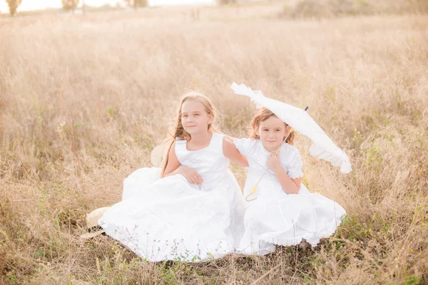 Linda Niñas Hermanas Con Pelo Rubio Campo Verano Atardecer Vestidos — Foto de Stock