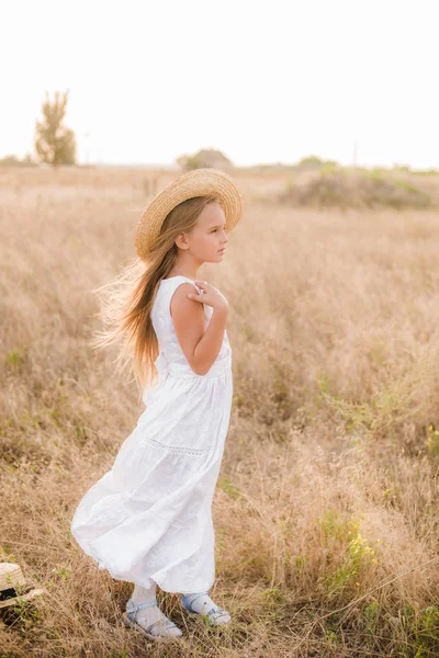 Cute Little Girl Blond Hair Summer Field Sunset White Dress — Stock Photo, Image