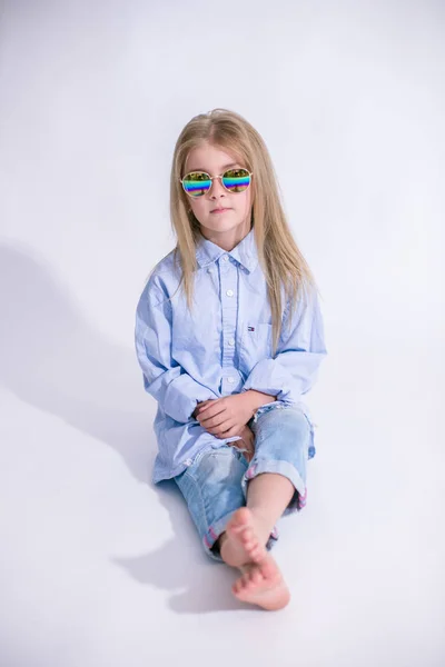 Beautiful Fashionable Little Girl Blond Hair Jeans Clothes White Background — Stock Photo, Image