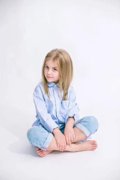 Beautiful Fashionable Little Girl Blond Hair Jeans Clothes White Background — Stock Photo, Image