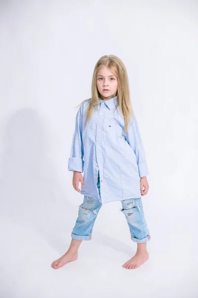 Beautiful Fashionable Little Girl Blond Hair Jeans Clothes White Background — Stock Photo, Image