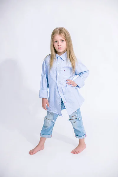 Beautiful Fashionable Little Girl Blond Hair Jeans Clothes White Background — Stock Photo, Image