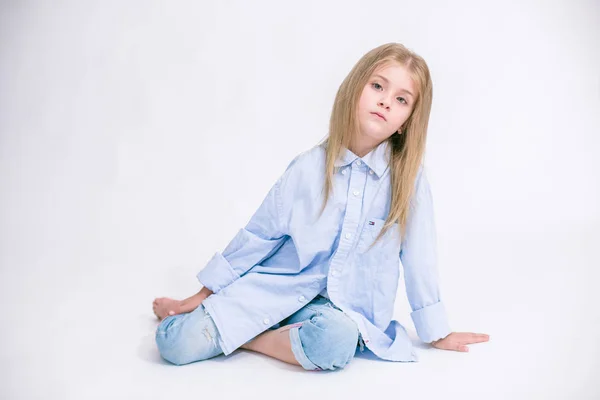 Beautiful Fashionable Little Girl Blond Hair Jeans Clothes White Background — Stock Photo, Image