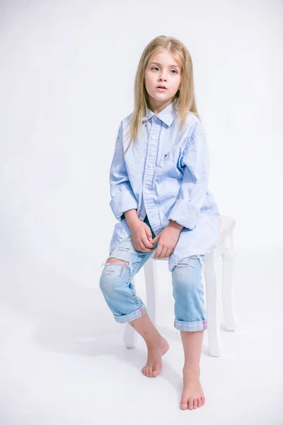 Beautiful Fashionable Little Girl Blond Hair Jeans Clothes White Background — Stock Photo, Image