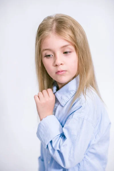 Beautiful Fashionable Little Girl Blond Hair Jeans Clothes White Background — Stock Photo, Image