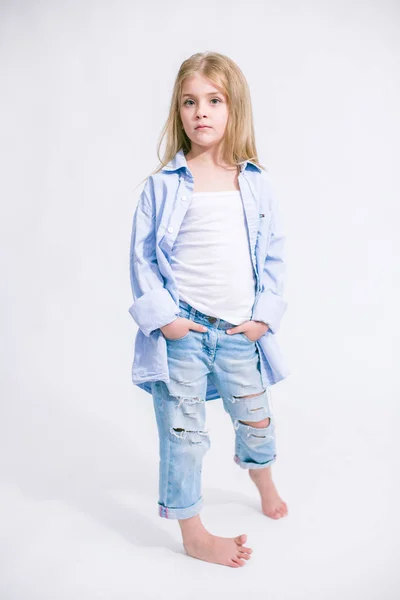 Beautiful Fashionable Little Girl Blond Hair Jeans Clothes White Background — Stock Photo, Image