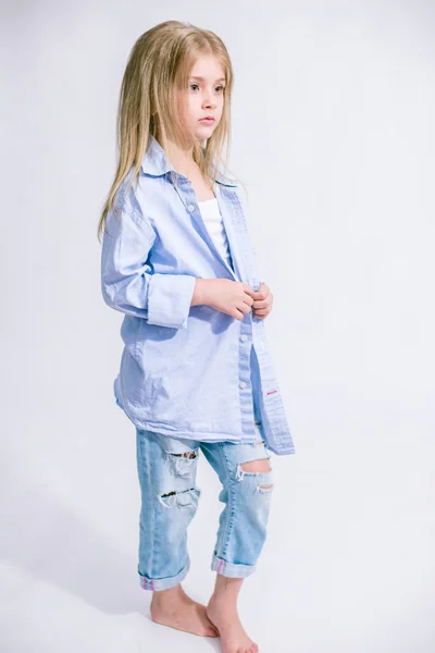 Beautiful Fashionable Little Girl Blond Hair Jeans Clothes White Background — Stock Photo, Image